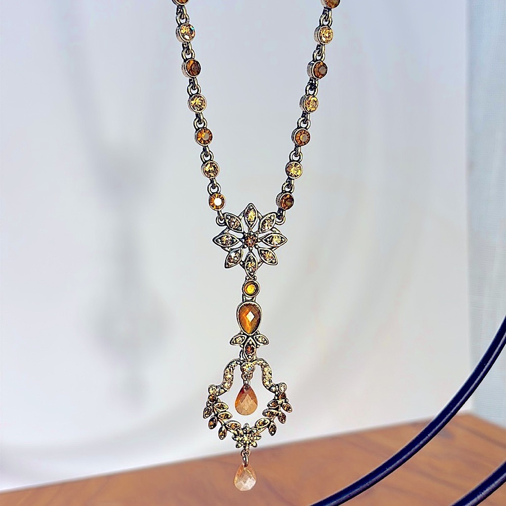 Vintage Pair Lavalier & Bracelet Matching Jewelry Set Amber Citrine Glass Gold